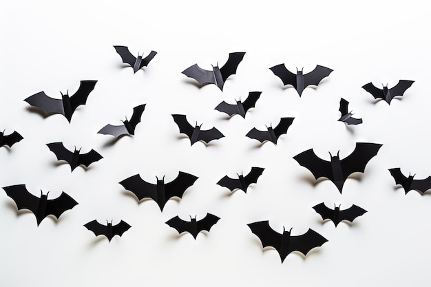 Murciélagos de papel negro volando sobre un fondo blanco que representa el concepto de Halloween y la decoración