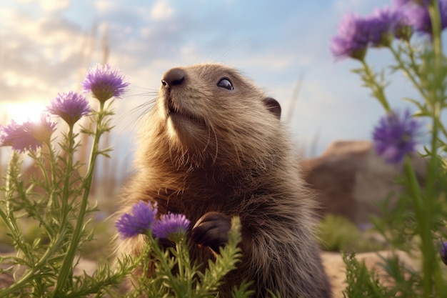 Murmeltierporträt auf einem Feld mit bunten Blumen