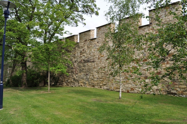 Foto el muro de la antigua fortaleza está revestido de piedra contra la hierba verde.