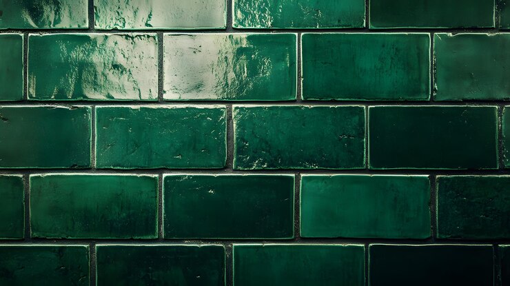 Un muro de azulejos de cerámica esmaltados de color verde profundo