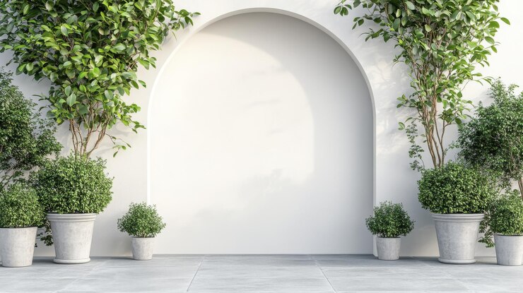 Muro blanco con abertura arqueada flanqueado por vegetación y ollas