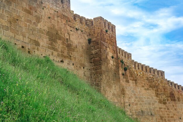 Muro de una fortaleza medieval sobre una muralla cubierta de hierba contra el cielo Ciudadela de NarynKala en Derbent