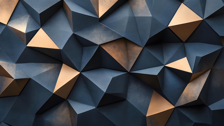 Muro geométrico abstracto con triángulos azules y dorados