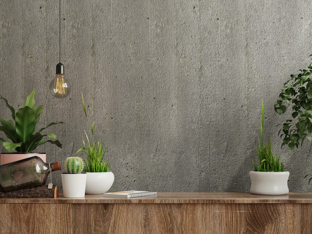 Muro de hormigón en blanco con plantas ornamentales y elementos de decoración en el gabinete de madera, representación 3d