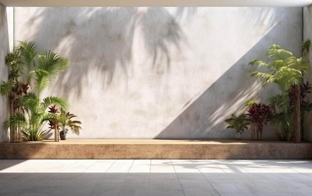 Muro de hormigón exterior vacío con jardín de estilo tropical 3d decorado con árbol de estilo tropical