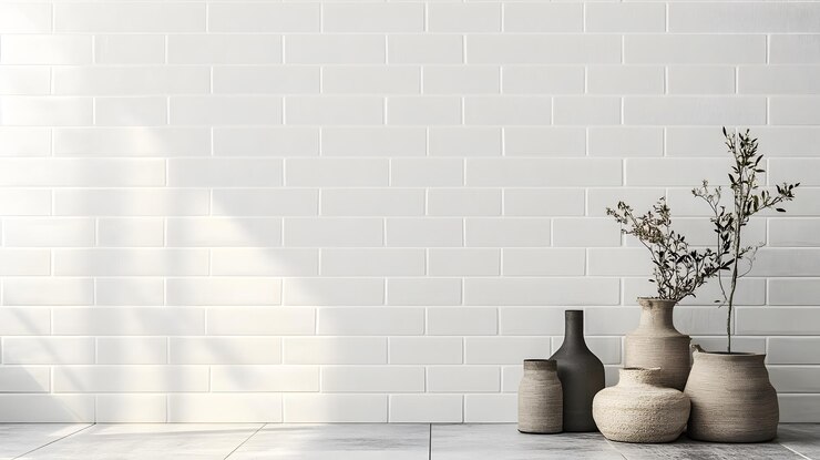 Muro de ladrillo blanco con jarrones y ramas secas