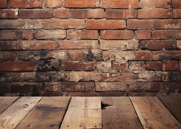 Muro de ladrillo de fondo y piso de madera antiguo