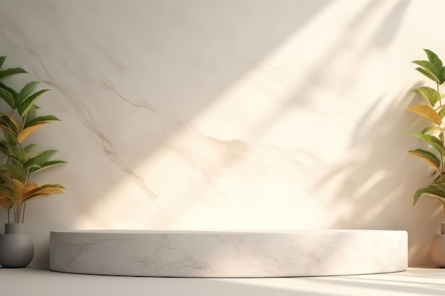Muro de piedra de mármol vacío con luz solar y sombra de hojas generada por IA