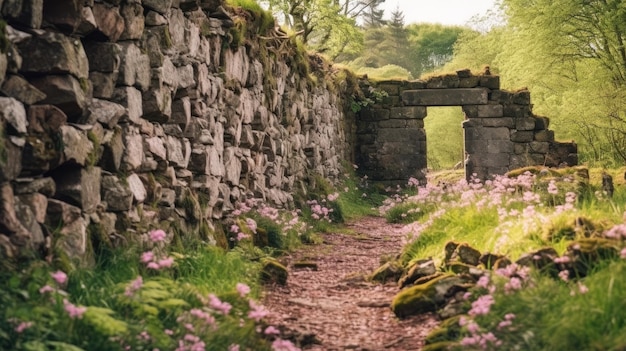 un muro de piedra con una puerta y flores rosas