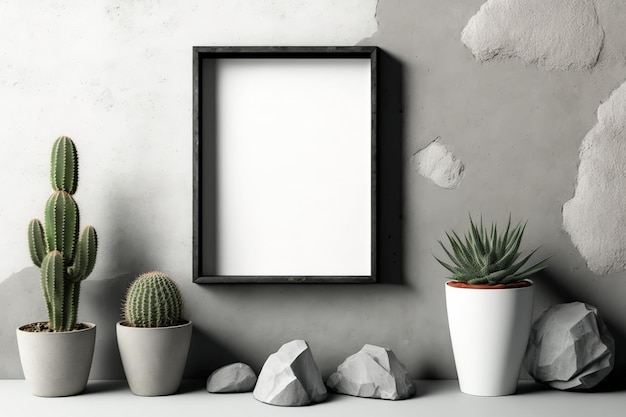 Un muro de piedra sirve como telón de fondo para este marco de maqueta vacío negro Cacti en macetas de hormigón hechas en casa Estante blanco liso