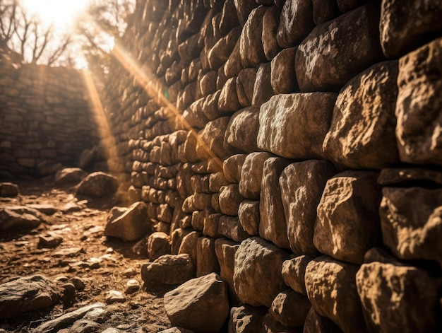 Foto un muro de piedra con el sol brillando sobre él