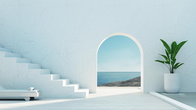 Muro de puerta de lujo mediterráneo con vista al mar y escalera - estilo de la isla de Santorini - representación 3D
