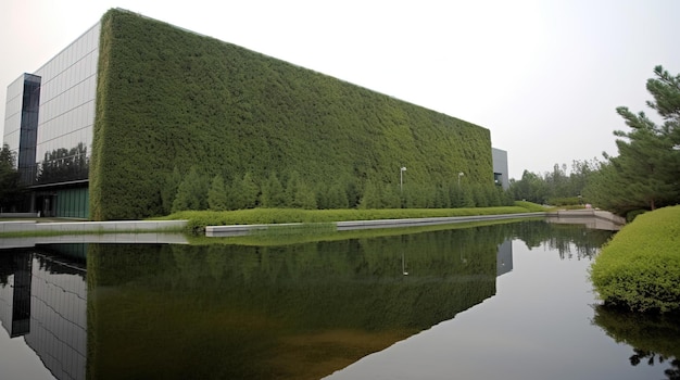 Un muro verde está rodeado por un estanque y el edificio es un muro verde.