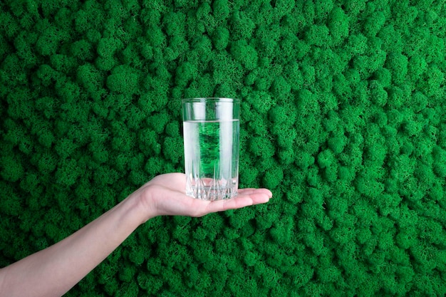 Muro verde de musgo estabilizado y un vaso de agua clara sobre un fondo gris claro