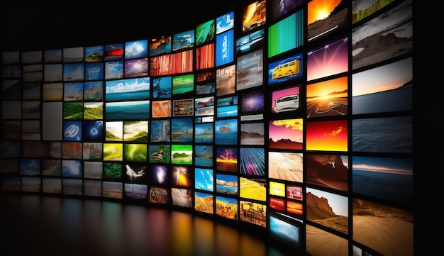 Muro de video multimedia con imágenes en varias pantallas de TV Programa de monitoreo que transmite tecnología multicolor brillante Pantalla de comunicación de medios Antecedentes Generativo Ai