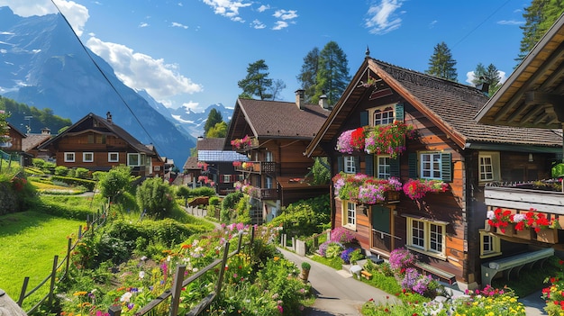 Foto murren suíça uma bela aldeia nos alpes suíços a aldeia é cercada por montanhas cobertas de neve e prados verdes exuberantes