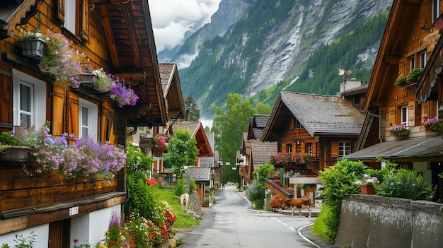 Foto murren suiza un hermoso pueblo en los alpes suizos el pueblo está rodeado de montañas cubiertas de nieve y exuberantes prados verdes