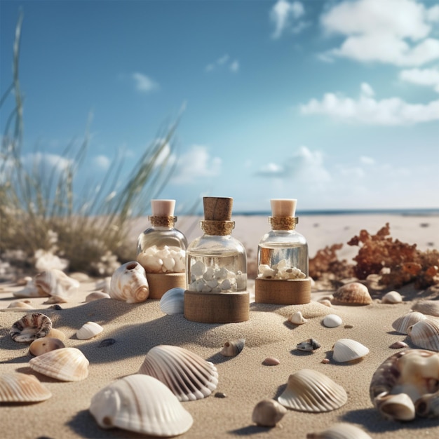 Muschelflaschen am Strand mit dem Wort Meer auf dem Boden.