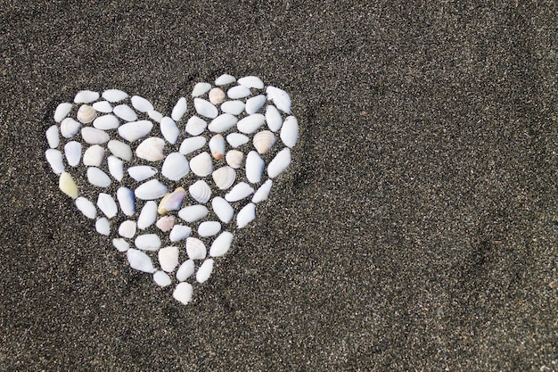 Muschelherz an einem Strand am Meer auf schwarzem Sand. Romantischer Hintergrund. Speicherplatz kopieren.