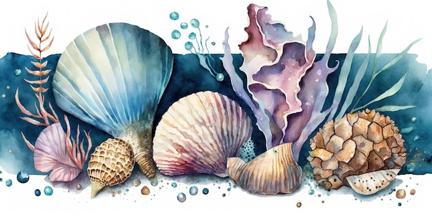 Muschelmusterhintergrund im Aquarellmalstil für Banner-, Druck- oder Designressourcen