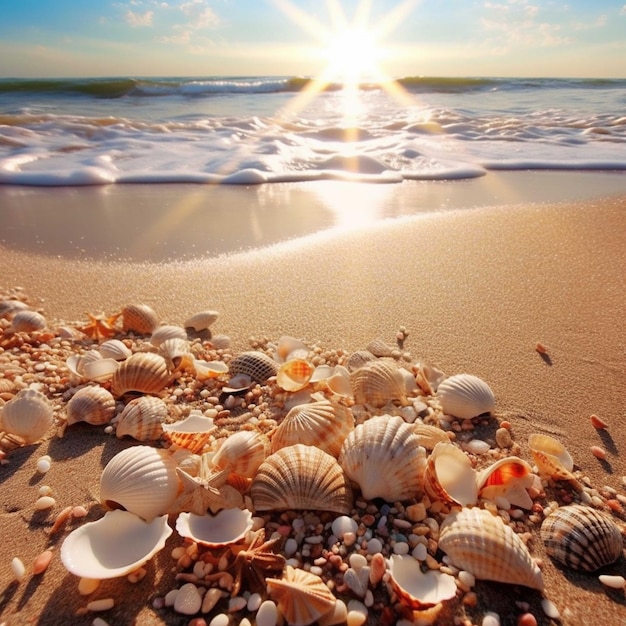 Muscheln am Strand bei Sonnenaufgang. Naturkomposition