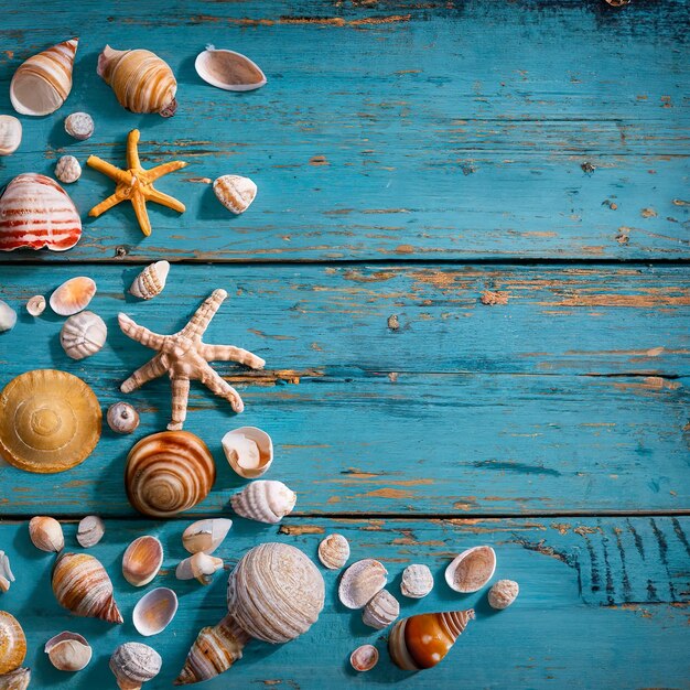 Muscheln auf blauem Holzmeerurlaubshintergrund mit Kopierraum auf Holzplanken