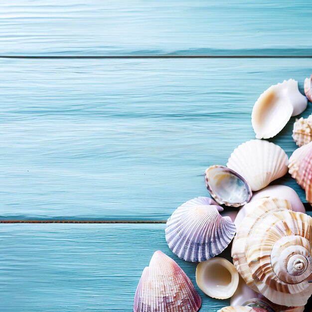 Muscheln auf blauem Holzmeerurlaubshintergrund mit Kopierraum auf Holzplanken