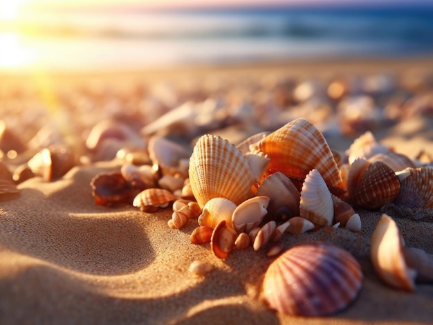 Muscheln auf dem Sand, der im Sommer von der Sonne beleuchtet wird