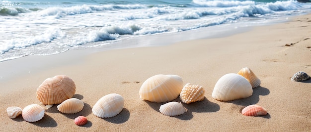 Muscheln auf dem Sand der Meeresküste Generative KI
