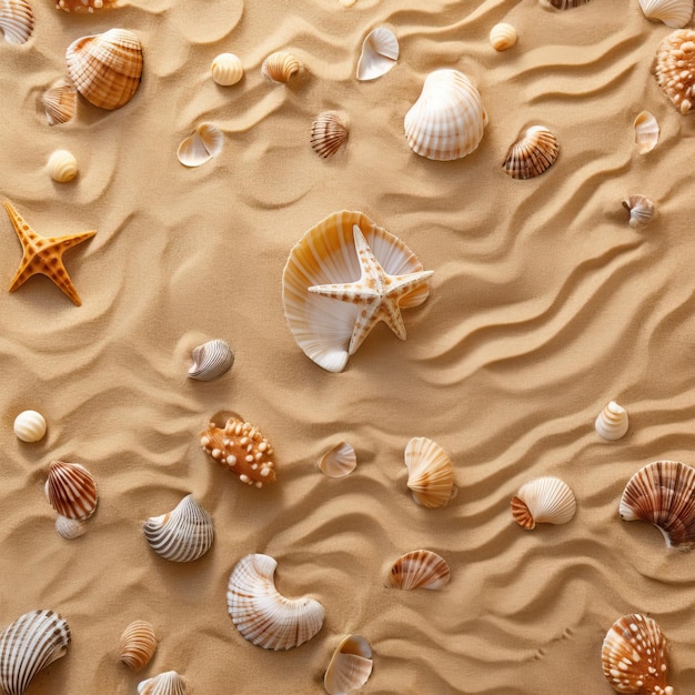 Muscheln auf einem Sand mit dem Wort Meer darauf