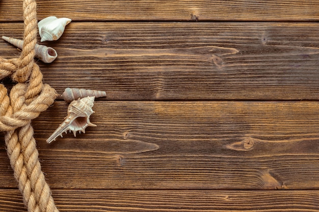 Muscheln grenzen an Holz. Marine Hintergrund