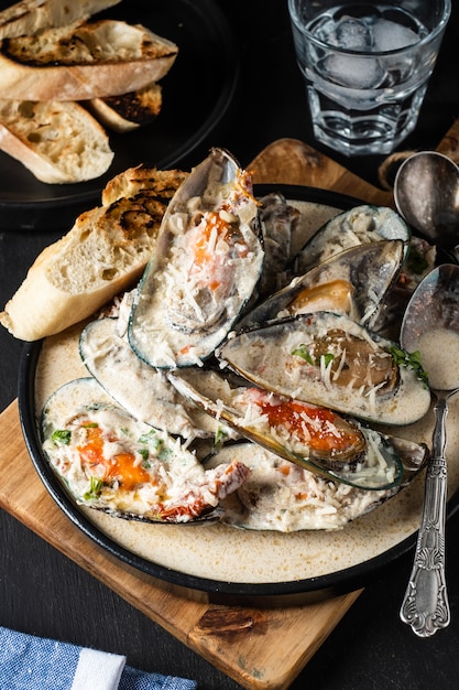 Muscheln mit Blauschimmelkäsesauce und Knoblauchbaguette.