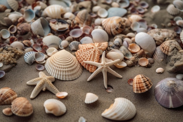 Muscheln, Sand und Seesterne am Strand, erstellt mit generativer KI