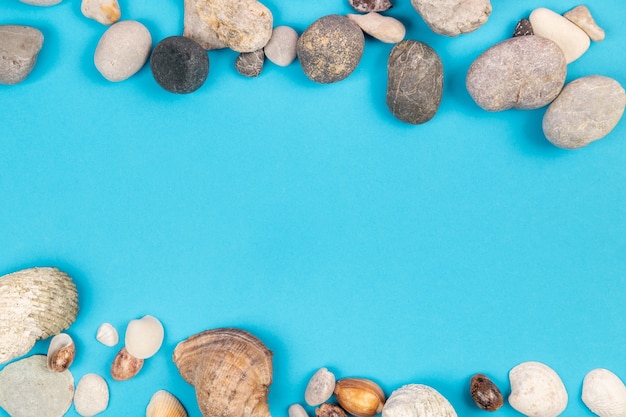 Muscheln und Felsen auf blauem Hintergrund.Marinethema