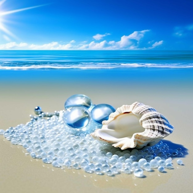 Muscheln und Perlen am Sandstrand unter blauem Himmel