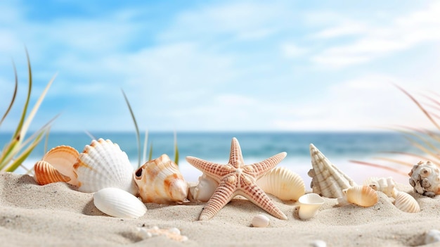 Muscheln und Seesterne auf weißem Strandsand mit einem Meer im Hintergrund Sommerkonzept