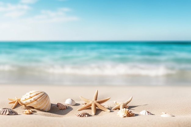 Muscheln und Seesterne im Sand am Strand mit klarem Himmel