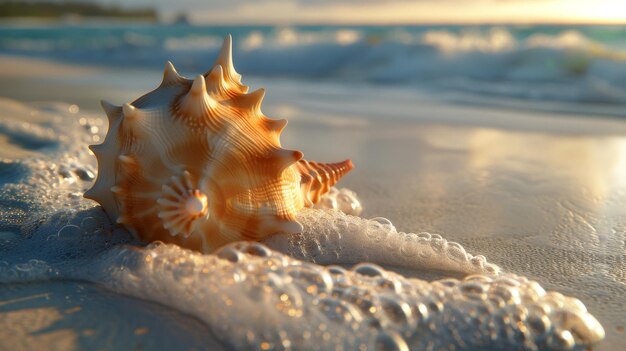 Muschelschale auf Sand mit Wellen