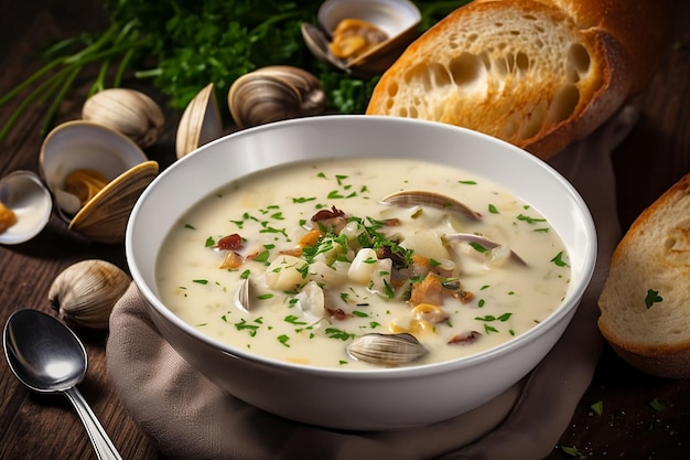 Muschelsuppe Eine Schüssel Muschelsuppe mit einem Brötchen an der Seite