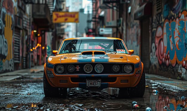 El muscle car clásico estacionado en un callejón desierto