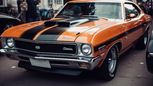 Un muscle car Dodge naranja y negro con una raya que dice "esquiva".