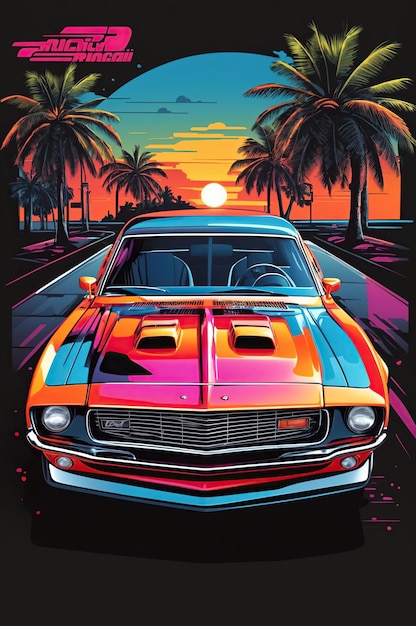 Muscle-Car in der Straße von Miami mit bunten Tönen und einem Sonnenaufgang