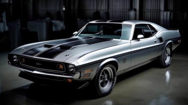 Un muscle car plateado con una franja negra que dice ford mustang.