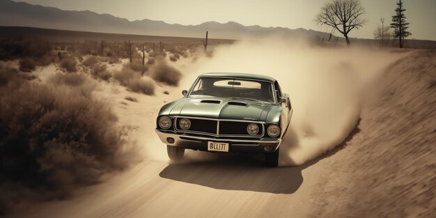 Muscle car retrô ruge pelas areias do deserto