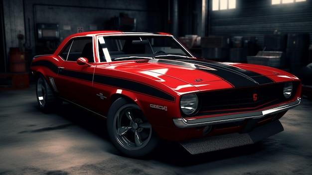 Un muscle car rojo con una franja negra que dice "muscle car" en él