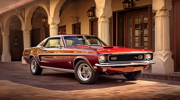 Foto un muscle car rojo con la palabra ford en el frente.