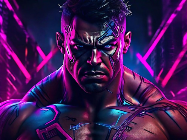 Muscular Cyborg Man Homem andando em uma cidade cyberpunk distópica