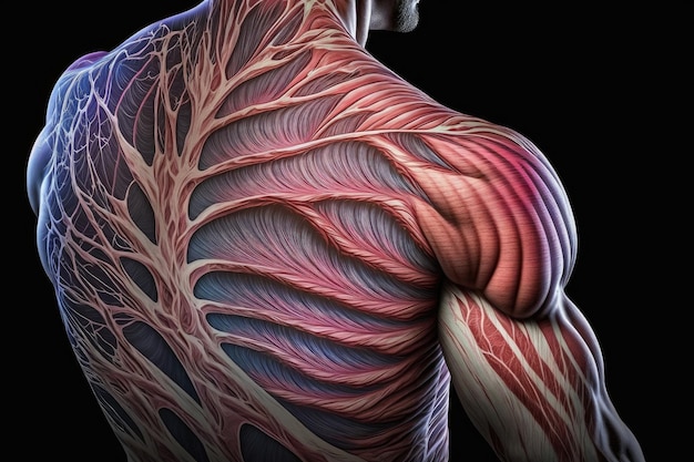 Foto músculos del brazo en las fibras musculares de la espalda y el hombro, venas y remolinos creados con ai generativa