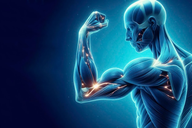 Músculos del brazo humano 3d con bíceps resaltados aislados sobre fondo azul brillante ai generativo
