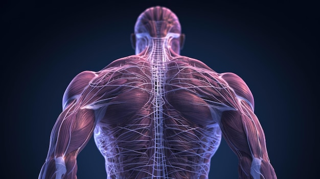 Músculos das costas de um homem com ilustração médica 3D da coluna